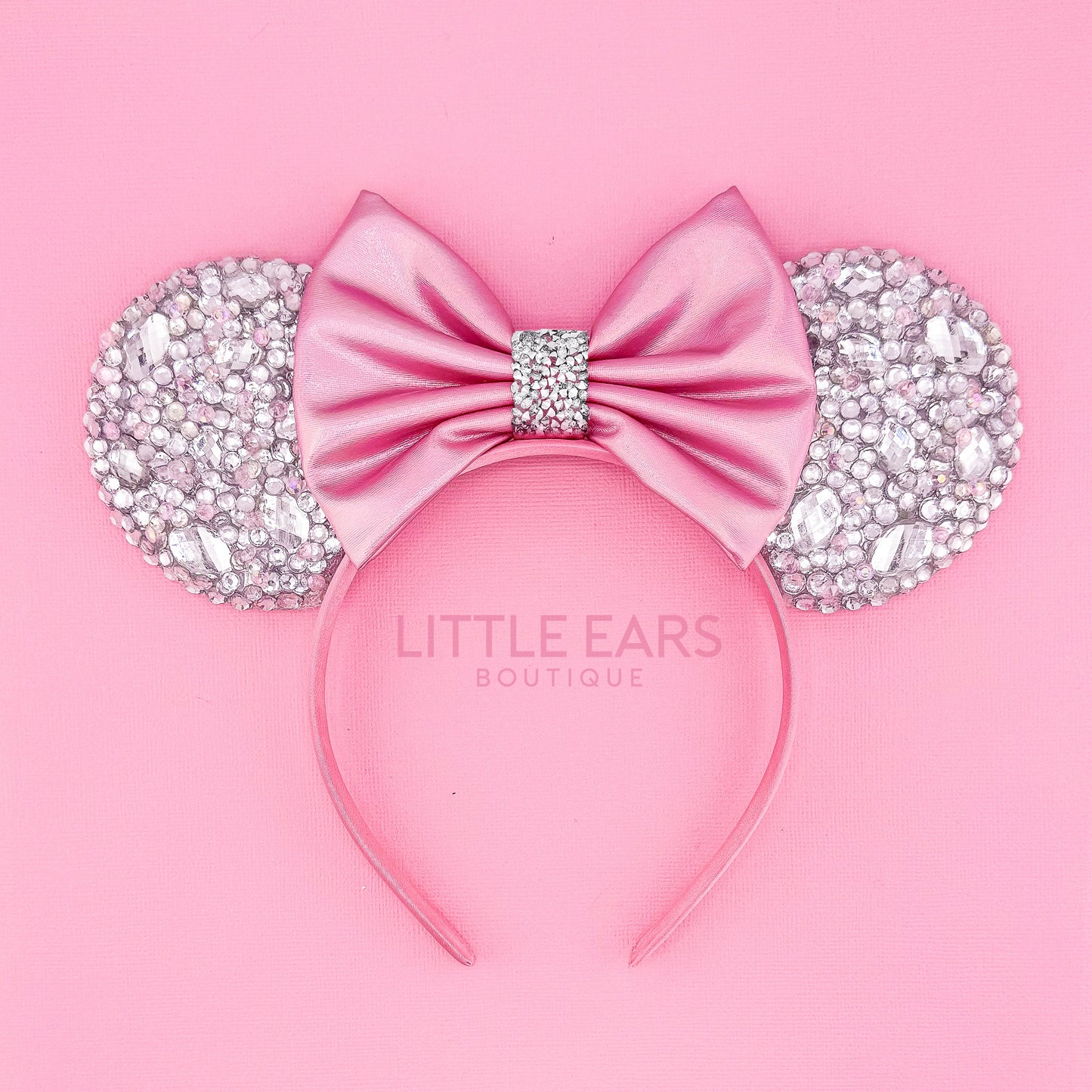 Silver & Pink Bow Sparkle Ears - Little Ears Boutique - Handmade Theme Park Inspired Mickey Ears Headband - Valentine's Day Mouse Ears
