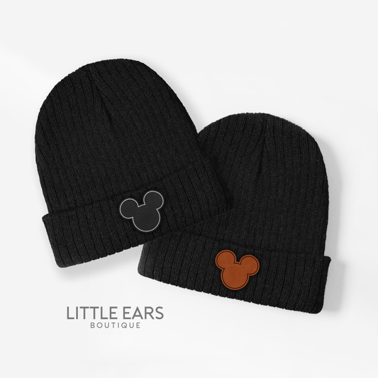 Adult Knit Hat with Mickey Leather Patch - mickey ears - disney ears - mouse ears headband - little ears boutique