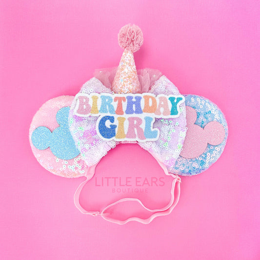 Birthday Girl Hat Elastic Ears - Little Ears Boutique - Handmade Theme Park Inspired Birthday Mickey Ears Headband