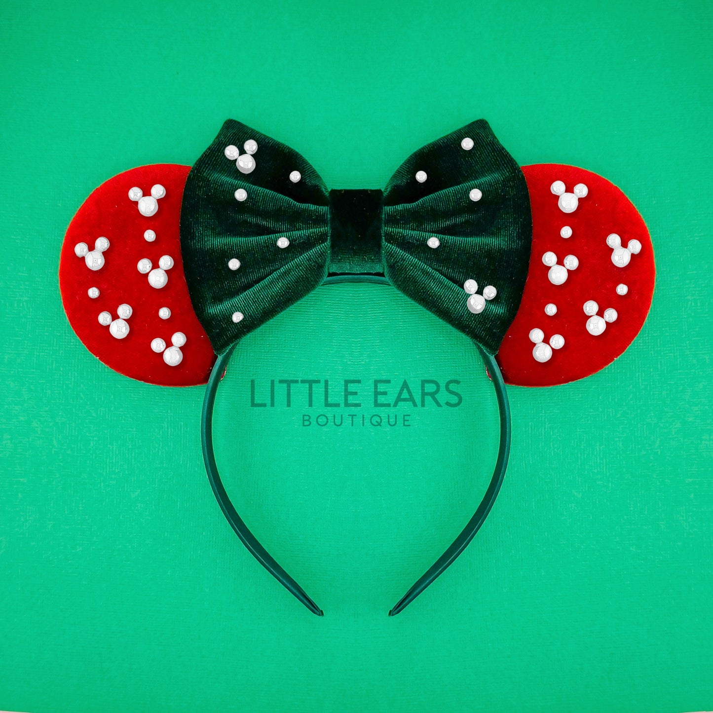 Christmas Green Pearls Mickey Ears - mickey ears - disney ears - mouse ears headband - little ears boutique