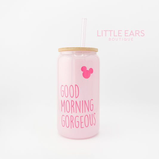 Good Morning Gorgeous Glitter Pink Glass Cup