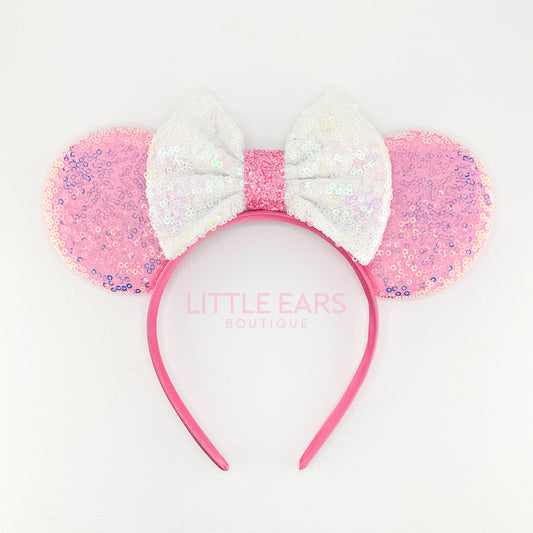 Pink & White Bow Iridescent Mickey Ears