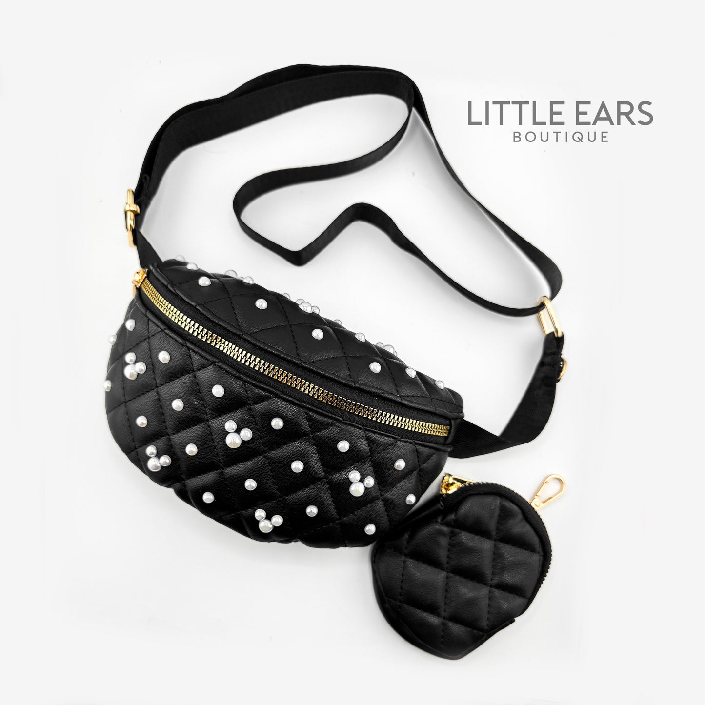 Black Quilted Fanny Pack with Mickey Pearls