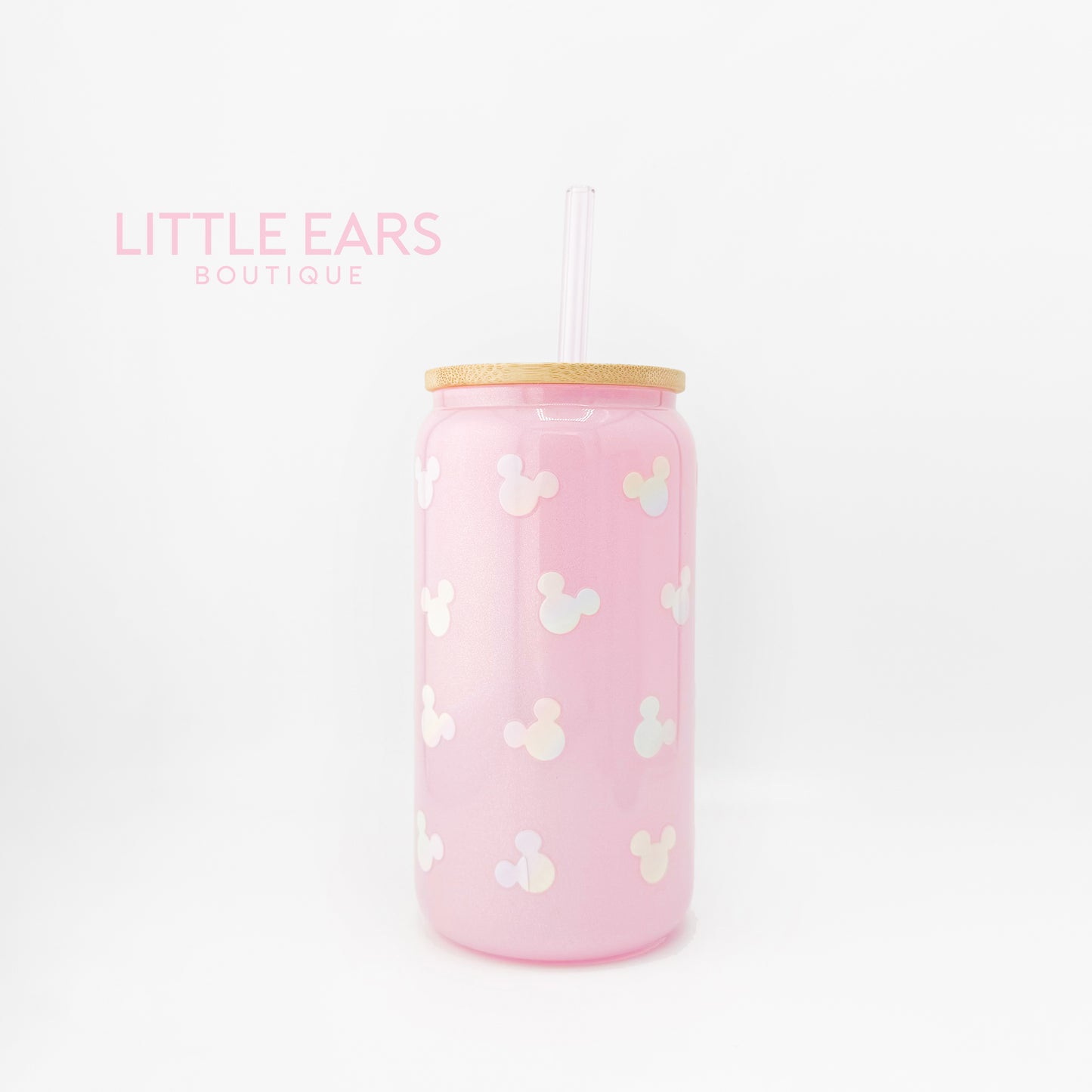 3D Mickeys on Pink Glitter Glass Cup