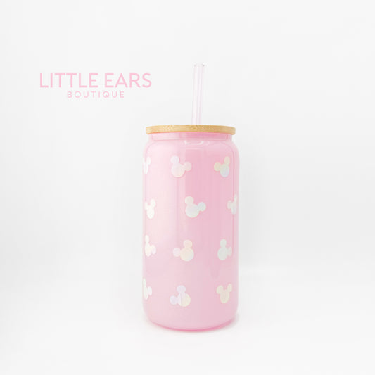 3D Mickeys on Pink Glitter Glass Cup