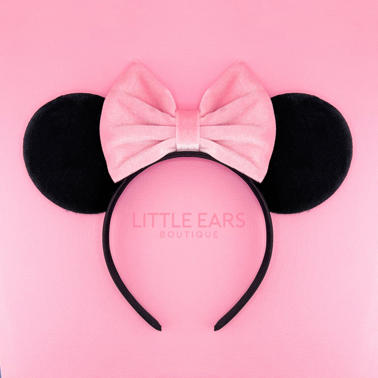 Pink Bow & Black Velvet Ears - Little Ears Boutique - Handmade Theme Park Inspired Mickey Ears Headband - Valentine's Day Mouse Ears