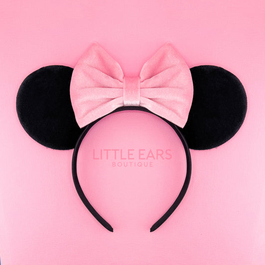 Pink Bow & Black Velvet Ears - Little Ears Boutique - Handmade Theme Park Inspired Mickey Ears Headband - Valentine's Day Mouse Ears