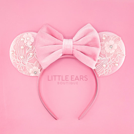 Pink Lace Velvet Mickey Ears - mickey ears - disney ears - mouse ears headband - little ears boutique