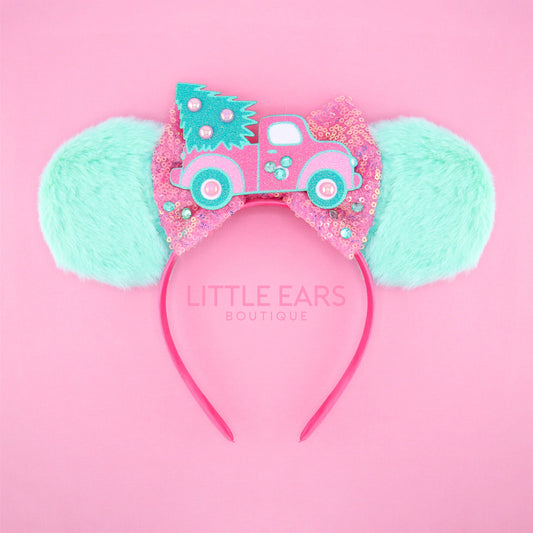 Pink & Mint Christmas Truck Mickey Ears - mickey ears - disney ears - mouse ears headband - little ears boutique