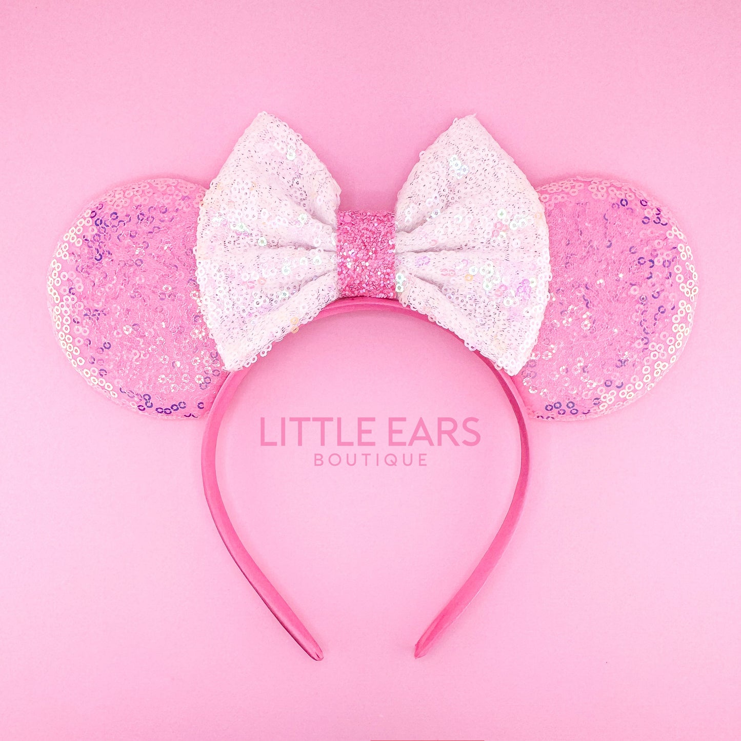 Pink & White Bow Iridescent Ears - Little Ears Boutique - Handmade Theme Park Inspired Mickey Ears Headband - Valentine's Day Mouse Ears
