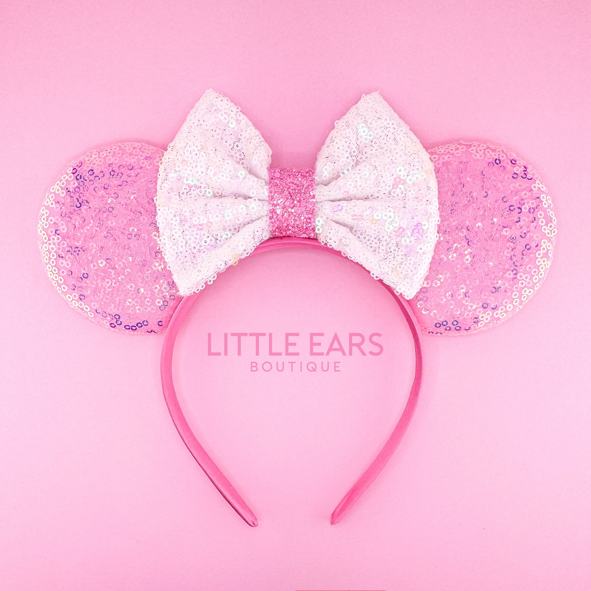 Pink & White Bow Iridescent Ears - Little Ears Boutique - Handmade Theme Park Inspired Mickey Ears Headband - Valentine's Day Mouse Ears