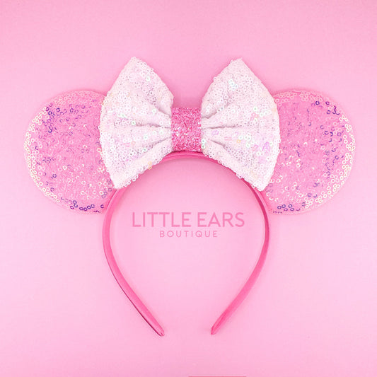Pink & White Bow Iridescent Ears - Little Ears Boutique - Handmade Theme Park Inspired Mickey Ears Headband - Valentine's Day Mouse Ears