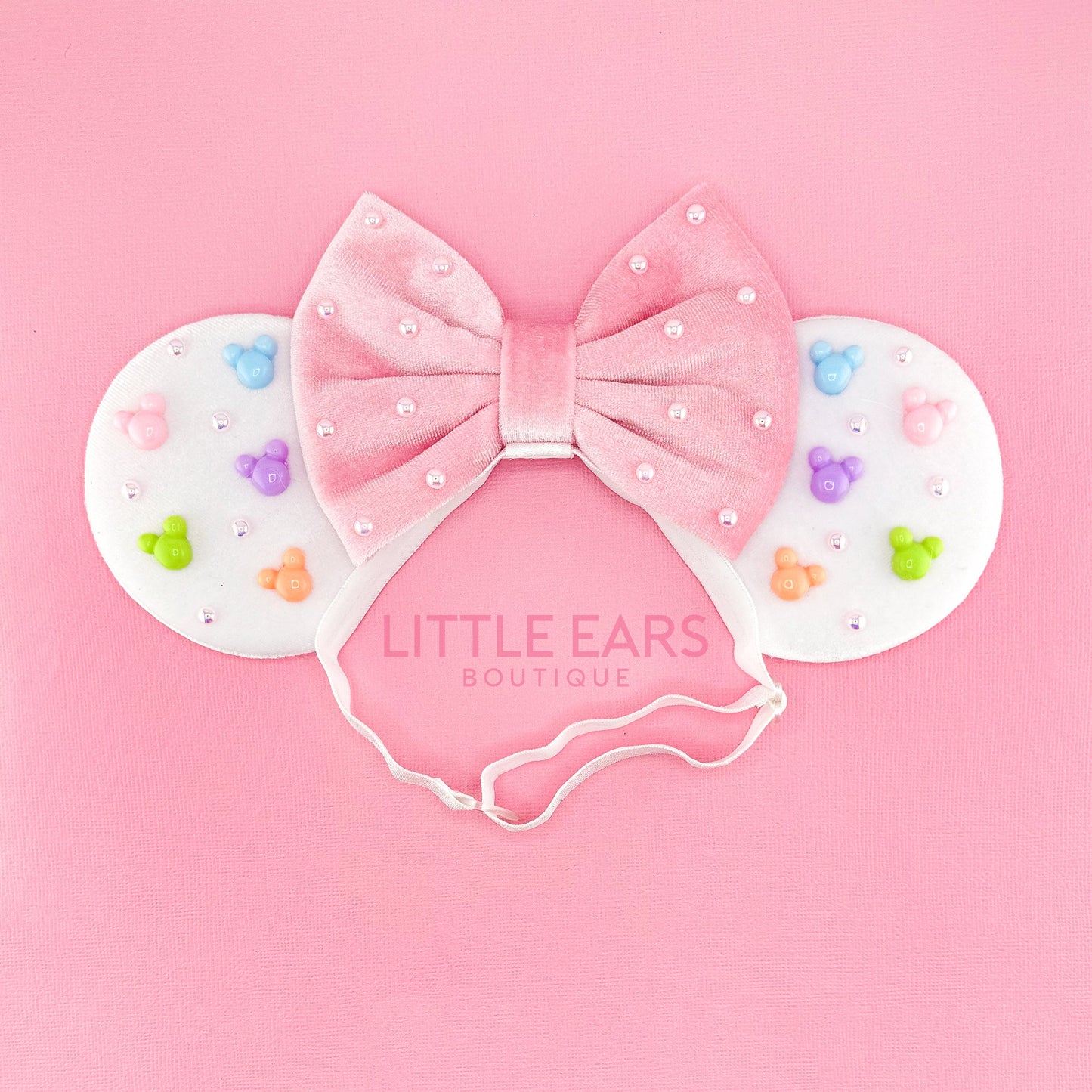 Pink & White Velvet Elastic Mickey Ears - mickey ears - disney ears - mouse ears headband - little ears boutique