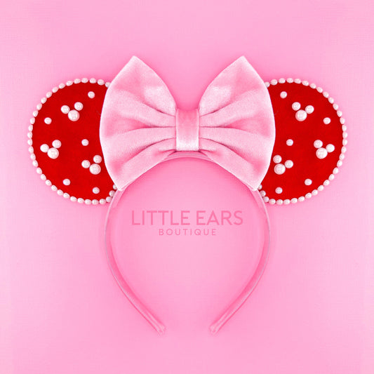 Red & Pink Pearls Ears - Little Ears Boutique - Handmade Theme Park Inspired Mickey Ears Headband - Valentine's Day Mouse Ears