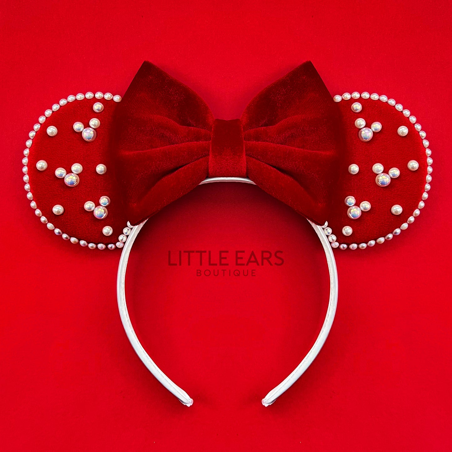 Red Velvet & Pearls Ears - Little Ears Boutique - Handmade Theme Park Inspired Mickey Ears Headband - Valentine's Day Mouse Ears