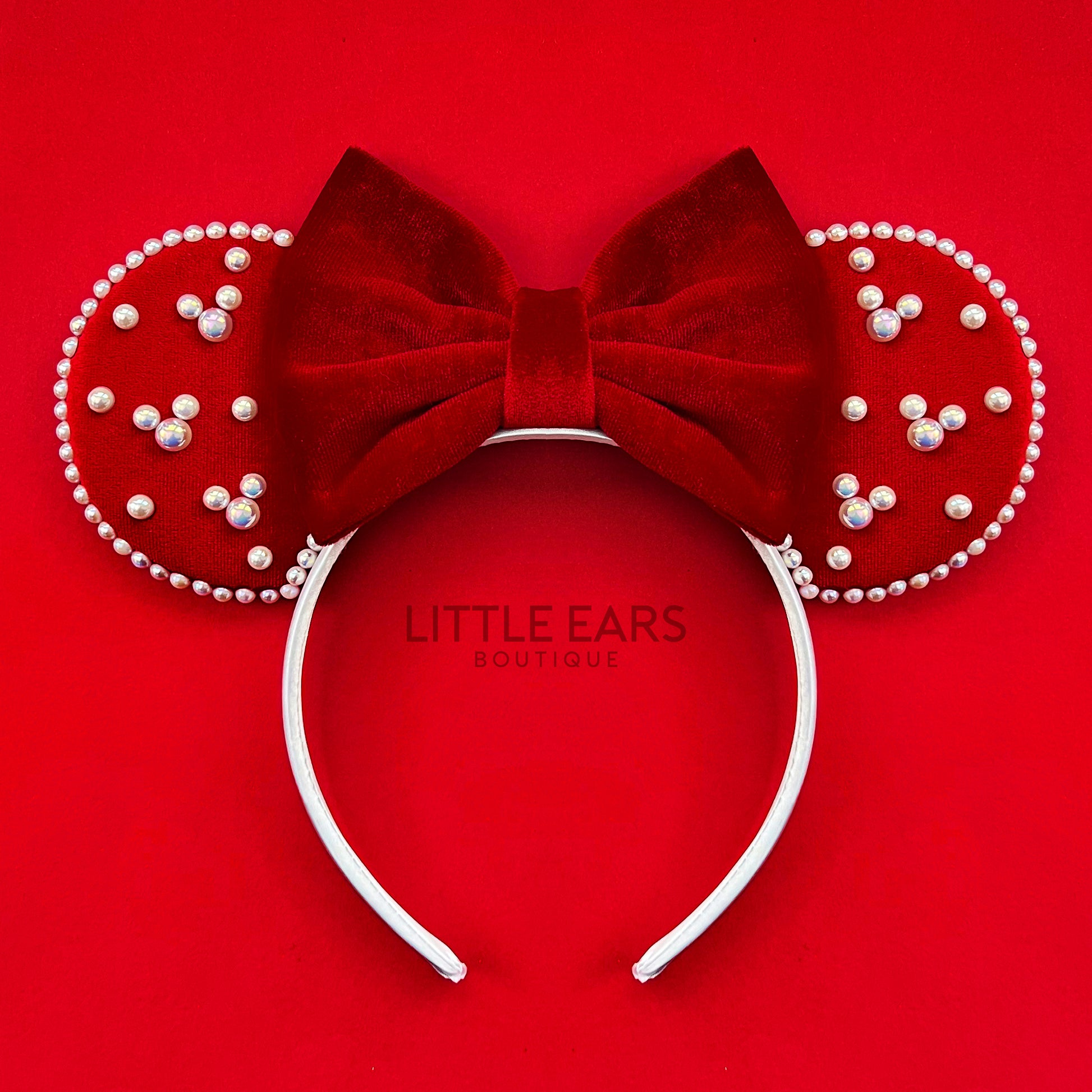 Red Velvet & Pearls Ears - Little Ears Boutique - Handmade Theme Park Inspired Mickey Ears Headband - Valentine's Day Mouse Ears