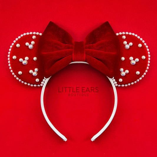 Red Velvet & Pearls Ears - Little Ears Boutique - Handmade Theme Park Inspired Mickey Ears Headband - Valentine's Day Mouse Ears