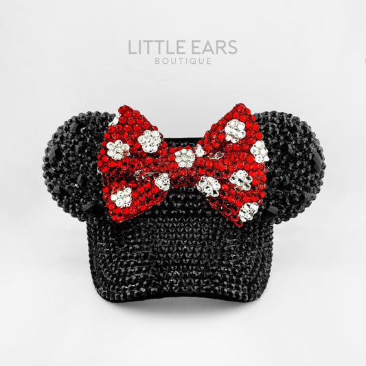 Shiny Minnie Bow on Deep Black Visor - mickey ears - disney ears - mouse ears headband - little ears boutique