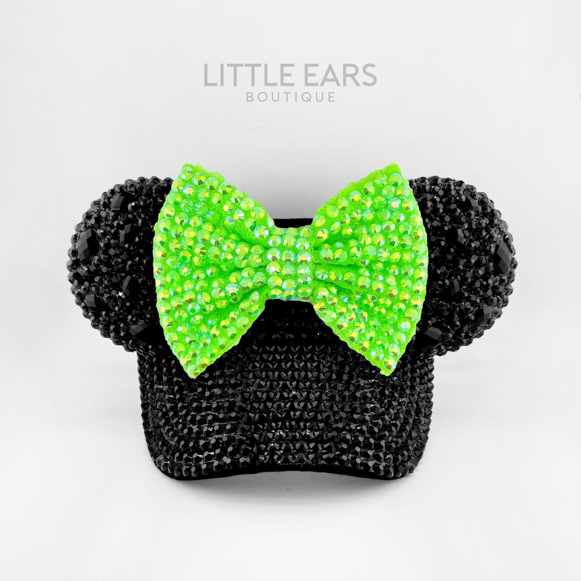 Shiny Neon Green Bow on Deep Black Visor - mickey ears - disney ears - mouse ears headband - little ears boutique