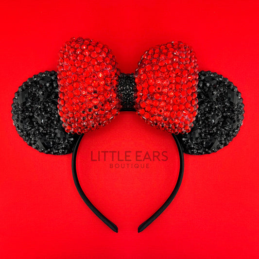 Shiny Red Puffed Bow with Sparkle Black - mickey ears - disney ears - mouse ears headband - little ears boutique