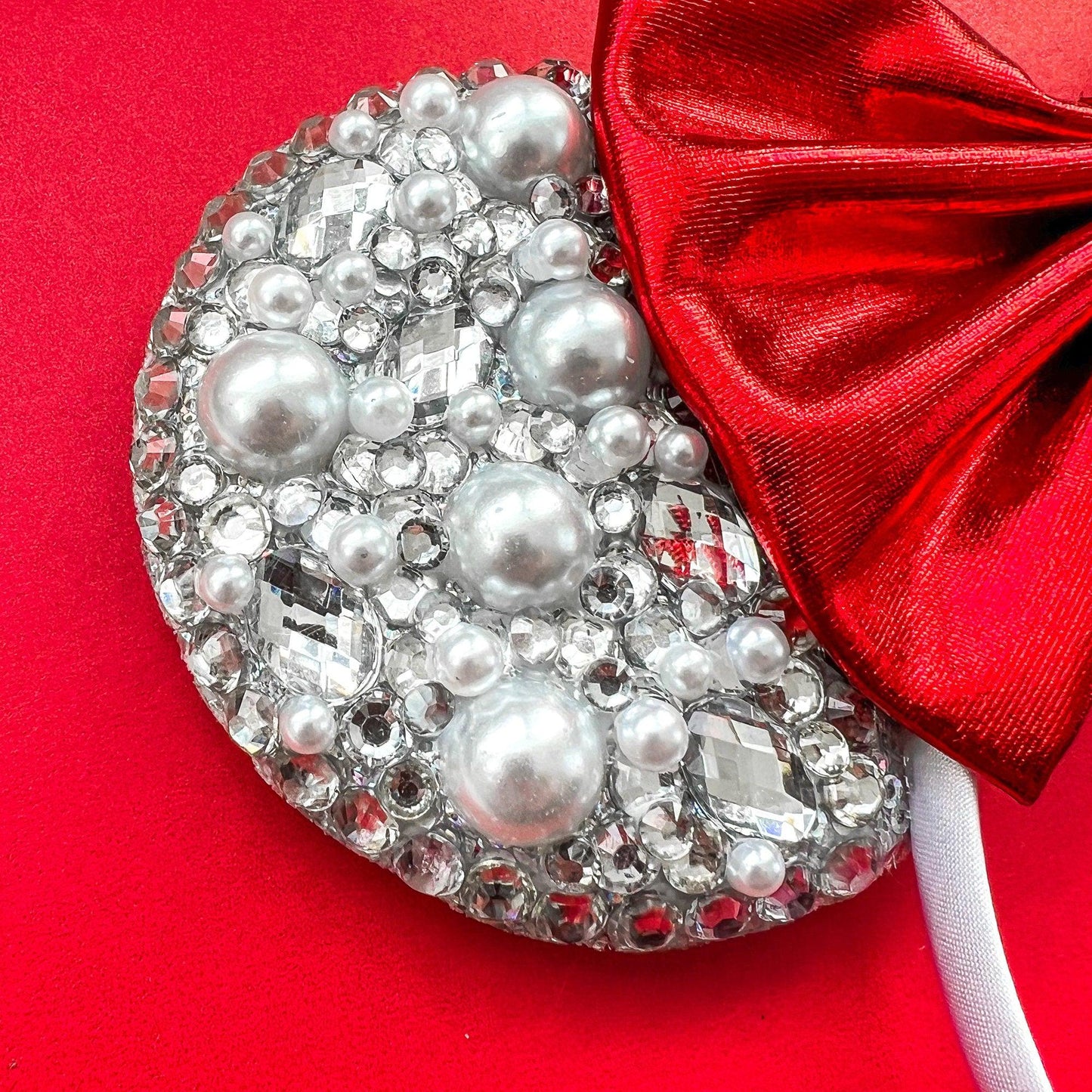 Pearls & Red Bow Sparkle Mickey Ears- mickey ears disney headband mouse