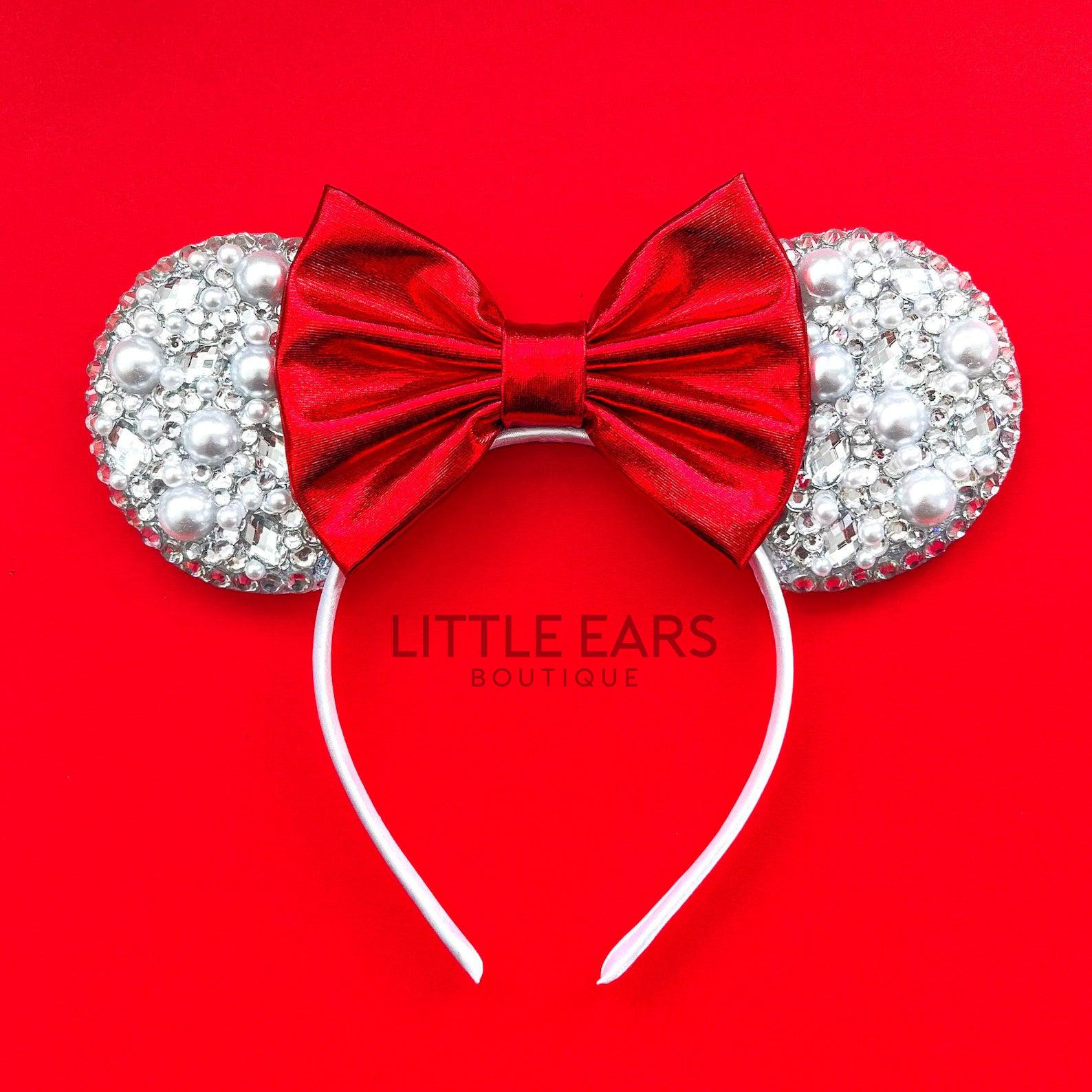 Pearls & Red Bow Sparkle Mickey Ears- mickey ears disney headband mouse