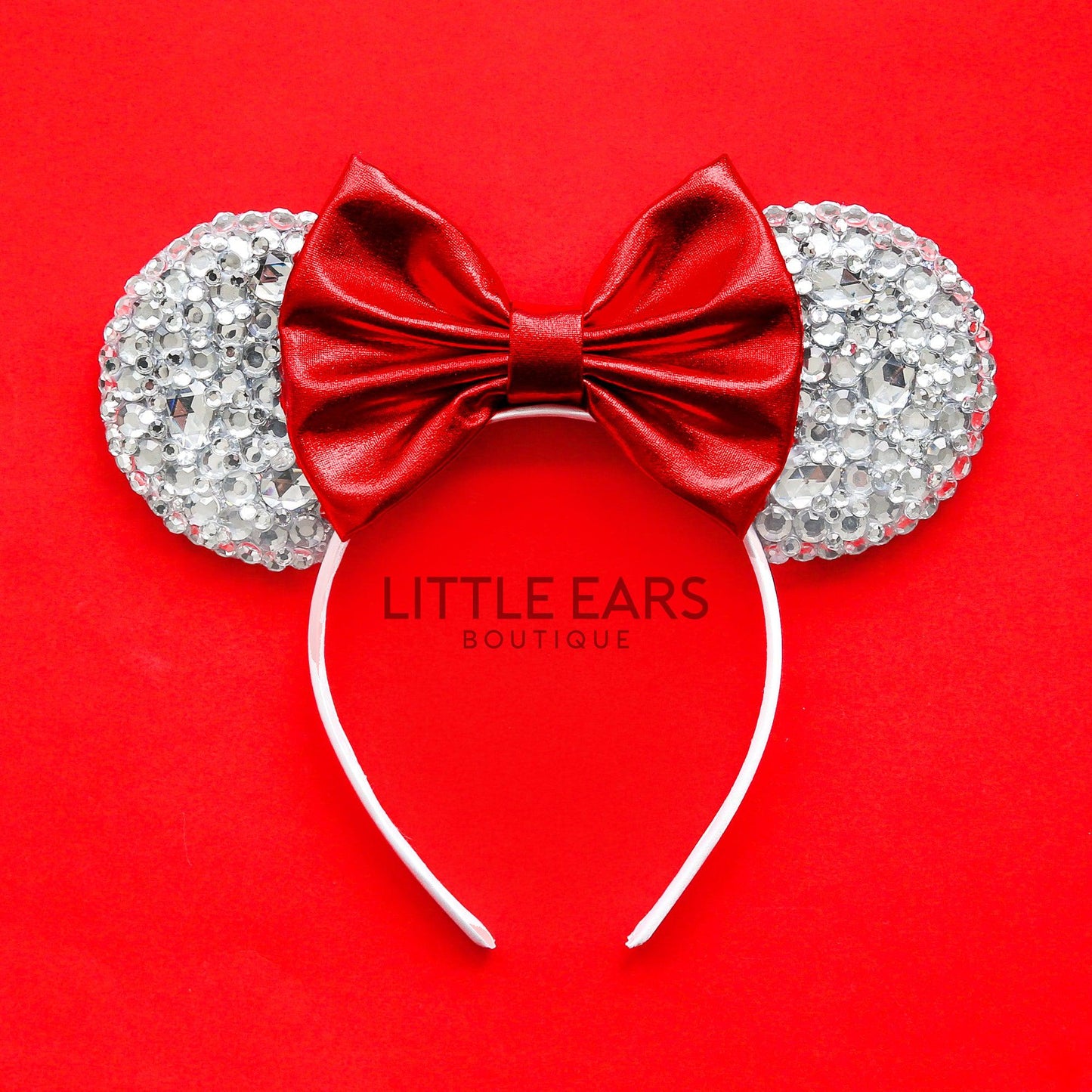 Silver & Red Bow Sparkle Mickey Ears- mickey ears disney headband mouse